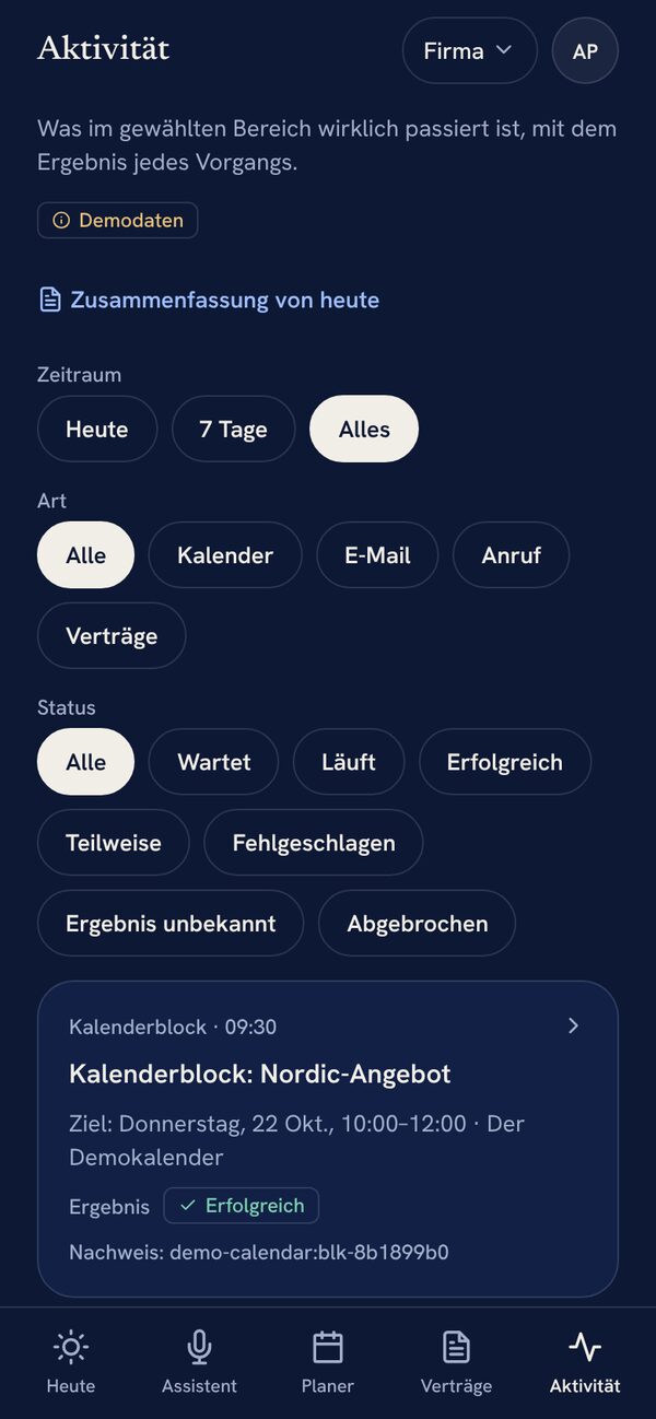 Aktivität: was erledigt wurde, mit Nachweis für jede Aktion
