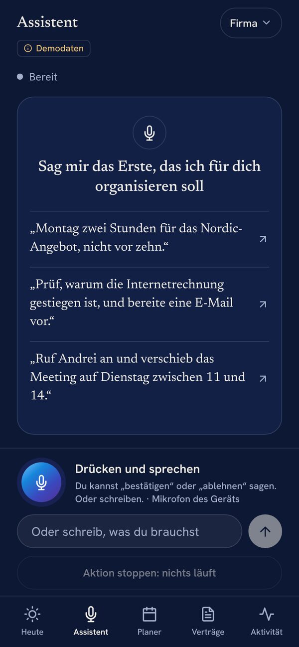 Der Velluno-Assistent, bereit zuzuhören, mit Beispielanfragen