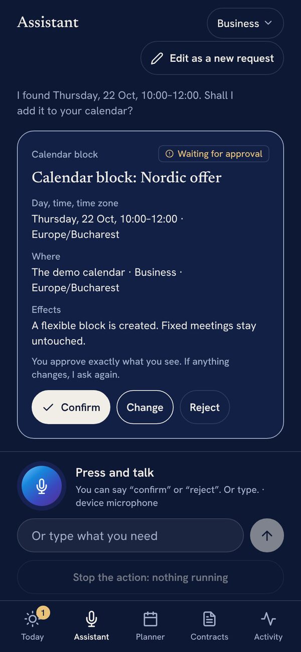 The prepared proposal, with Confirm, Change and Reject buttons