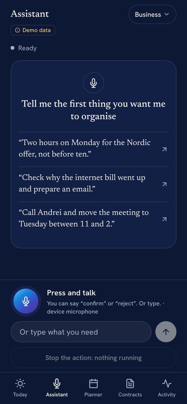 The Velluno assistant, ready to listen, with example requests